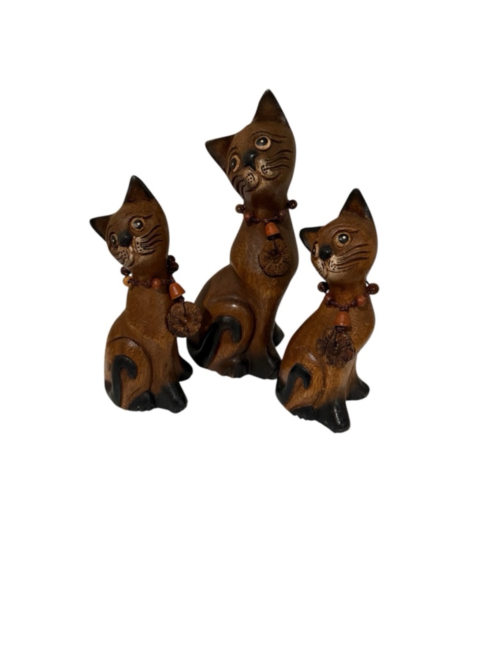 Set of 3 Brown Carved Wood Cat Figurines